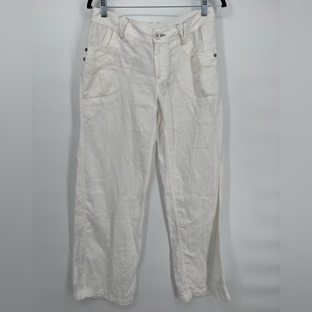 Marks & Spencer size 8 Wide Leg Trouser‎ 100% Linen, White with Blue Highlights